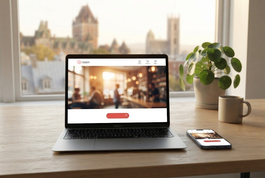 Site web d’une entreprise locale affiché sur un ordinateur portable et un téléphone, toits du Vieux-Québec en arrière-plan