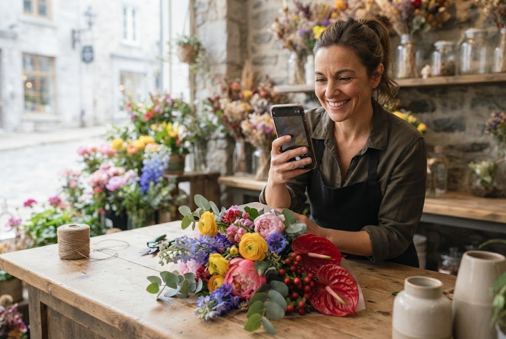 Fleuriste de Québec filmant un bouquet avec son téléphone pour Instagram