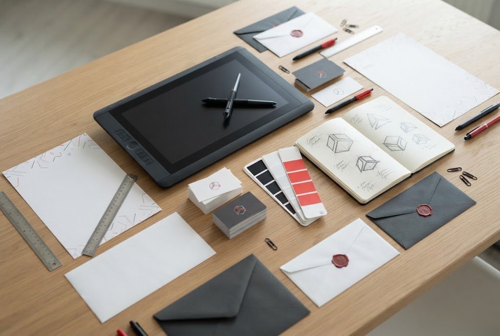 Identité visuelle sur un bureau de graphiste : cartes d’affaires, nuancier noir, blanc et rouge, croquis de logo