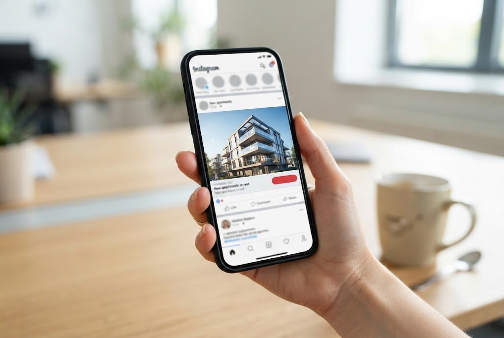 Publicité d’appartements à louer affichée dans un fil de réseau social sur un téléphone