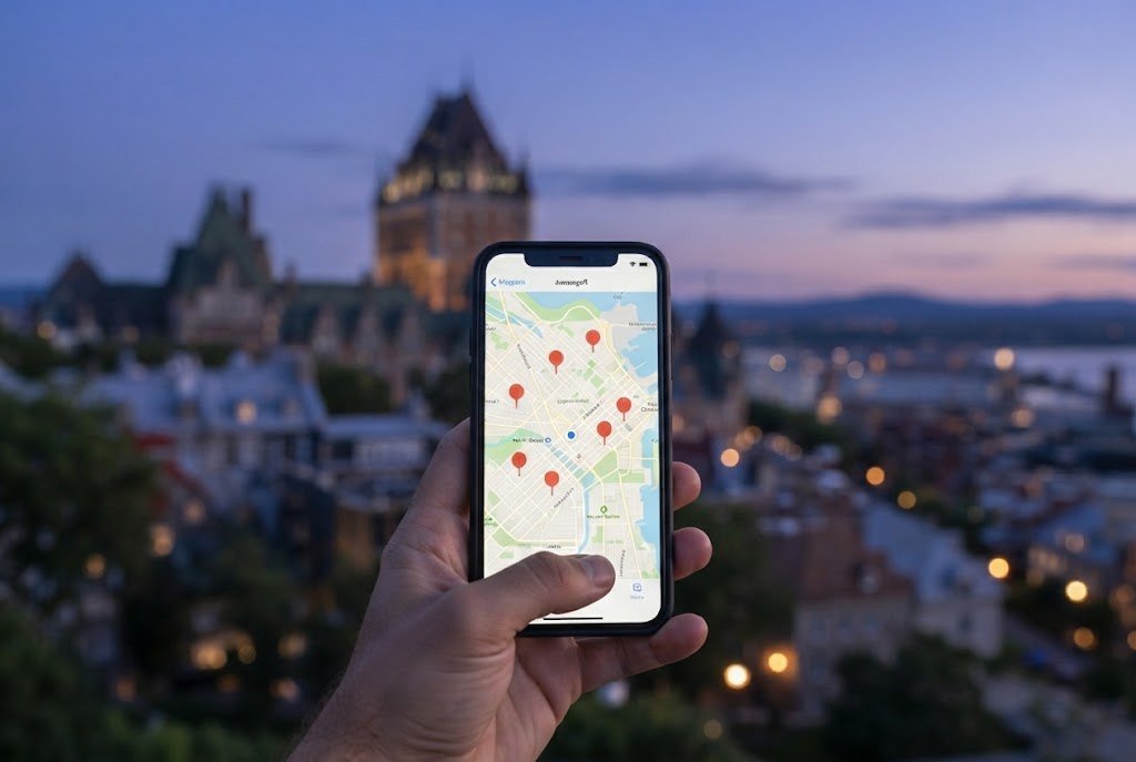 Carte avec repères affichée sur un téléphone devant le Château Frontenac au crépuscule