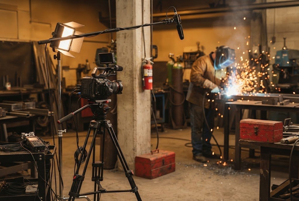 Tournage vidéo dans l’atelier d’un soudeur avec caméra, éclairage LED et micro