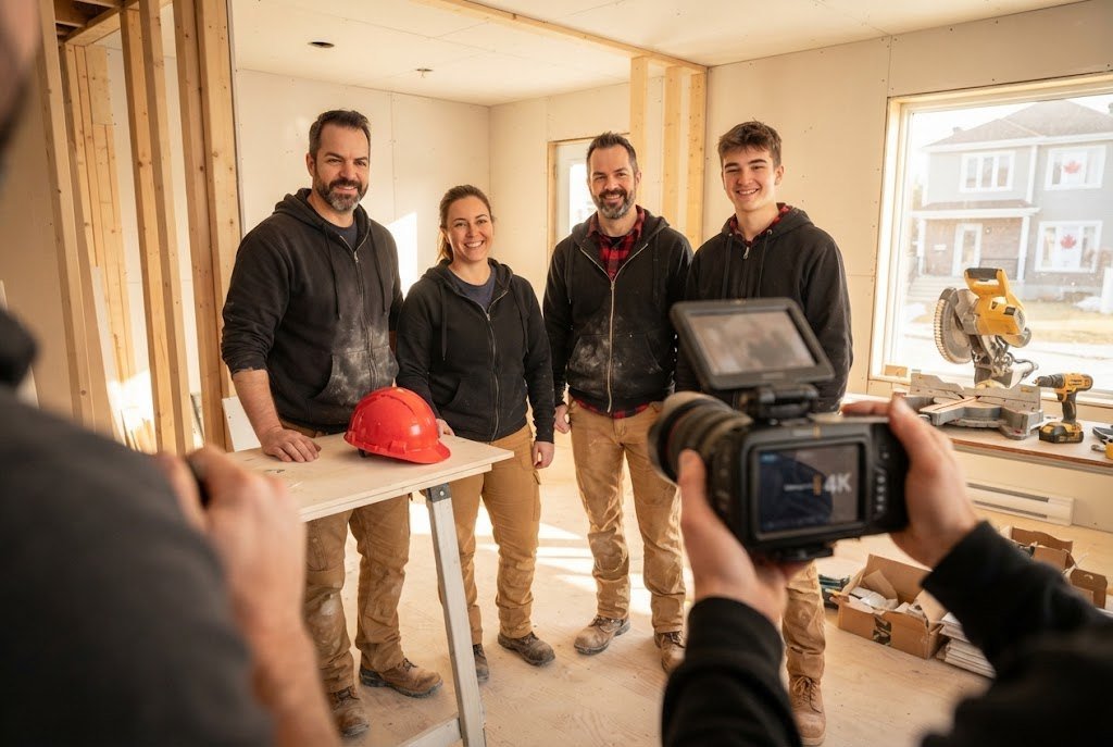 Vidéaste filmant l’équipe d’une entreprise de rénovation sur un chantier pour une vidéo de recrutement