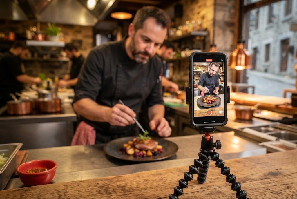Téléphone sur trépied filmant en format vertical un chef qui dresse une assiette dans un restaurant de Québec